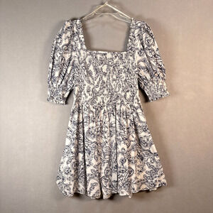 1.State Women's XL Navy Paisley Smocked Puff‎ Sleeve Mini Dress Square Neck